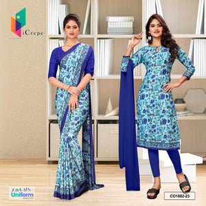 Sky Blue and Navy Blue Women's Premium Silk Crepe Floral Print Staff Uniform Saree Salwar Combo