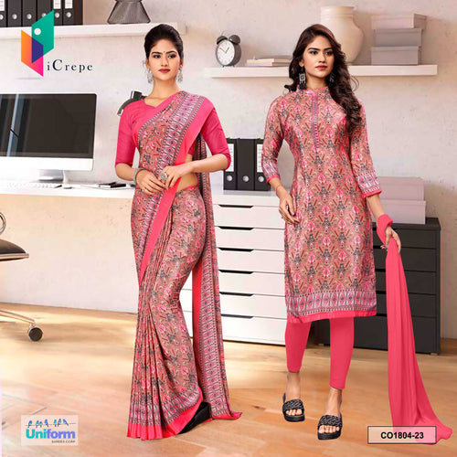 Soft Pink Women's Premium Italian Silk Ikat Print Teachers Uniform Saree Salwar Combo