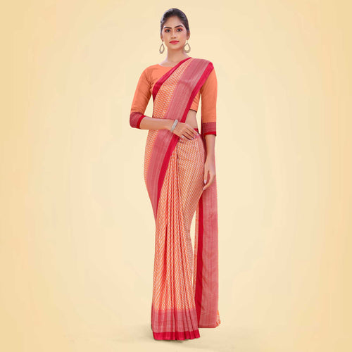 Peach and Red Women's Premium Silk Chiffon Small Butty School Teacher Uniform Saree