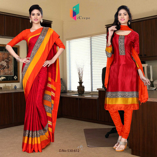 Maroon and Orange Women's Premium Silk Chiffon Plain Gala Border School Uniform Saree Salwar Combo