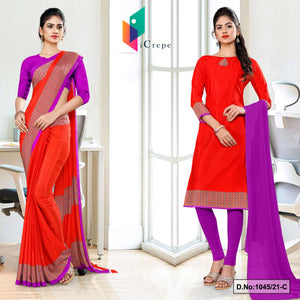 Tomato Lavender Women's Premium Italian Silk Paisley Print Uniform Sarees Salwar Combo For Office Wear