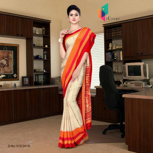 Off White And Red Italian Crepe Silk Simple Uniform Saree