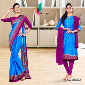 Blue Wine Women's Premium Italian Silk Plain Gala Border Uniform Sarees Salwar Combo For Jelwellery Showroom Uniform