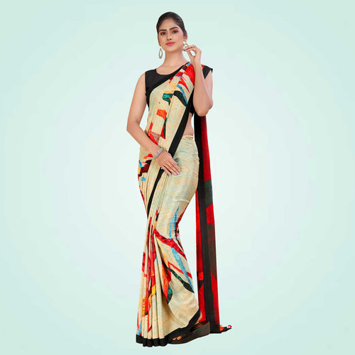 Navy Blue and Tomato Red Women's Premium Italian Silk Digital Print Teachers Uniform Sarees With Blouse Piece