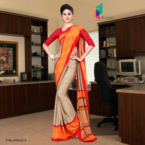 Brown And Red Italian Crepe Silk House Keeping Uniform Saree
