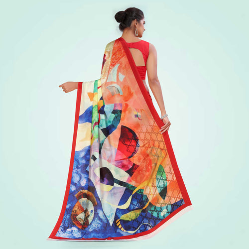 Light Grey and Tomato Red Women's Premium Italian Silk Digital Print Hospital Uniform Sarees With Blouse Piece