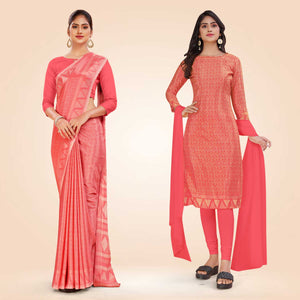 Peach Women's Premium Silk Chiffon Ikat Print Teachers Uniform Saree Salwar Combo