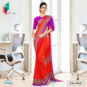 Tomato Lavender Premium Italian Silk Crepe Uniform Sarees For Office Wear