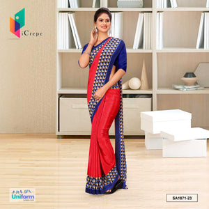 Tomato and Blue Women's Premium Italian Silk Geomatrical Print Office Uniform Sarees With Blouse Piece