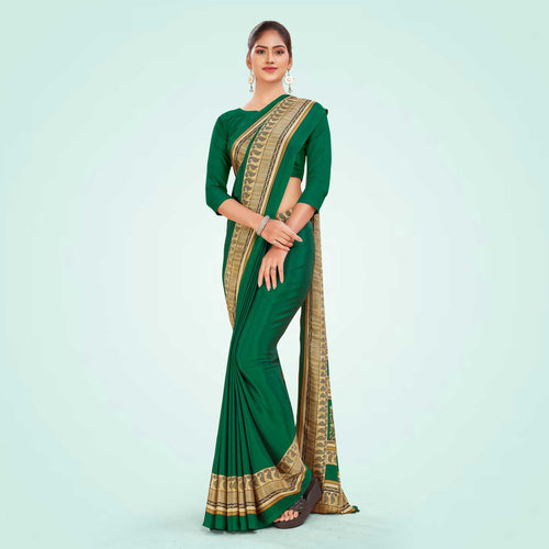 Bottle Green and Beige Women's Premium Italian Silk Plain Gaala Border Staff Uniform Saree