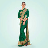 Navy Blue and Beige Women's Premium Italian Silk Plain Gaala Border Students Uniform Saree