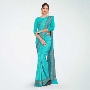 Turquoise and Grey Women's Premium Mulberry Silk Small Butty Students Uniform Saree