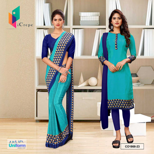 Turquoise and Blue Women's Premium Italian Silk Geomatrical Print Hospital Uniform Saree Salwar Combo