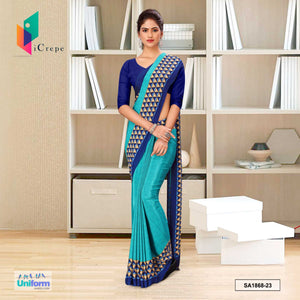 Turquoise and Blue Women's Premium Italian Silk Geomatrical Print Hospital Uniform Sarees With Blouse Piece