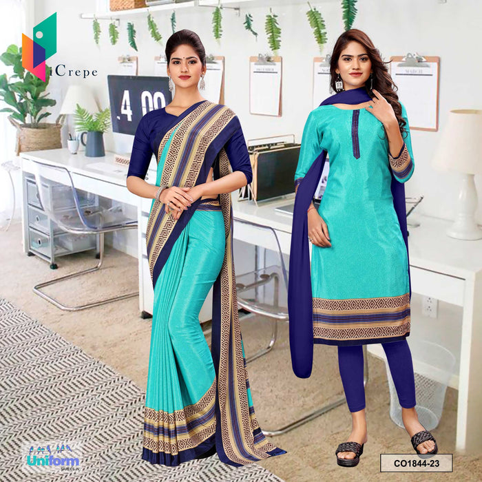 Turquoise and Blue Women's Premium Silk Crepe Plain Border Industrial Uniform Saree Salwar Combo