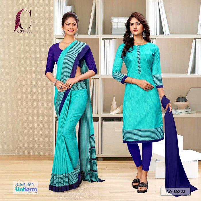 Turquoise and Navy Blue Women's Premium Manipuri Cotton Plain Border Formal Uniform Saree Salwar Combo