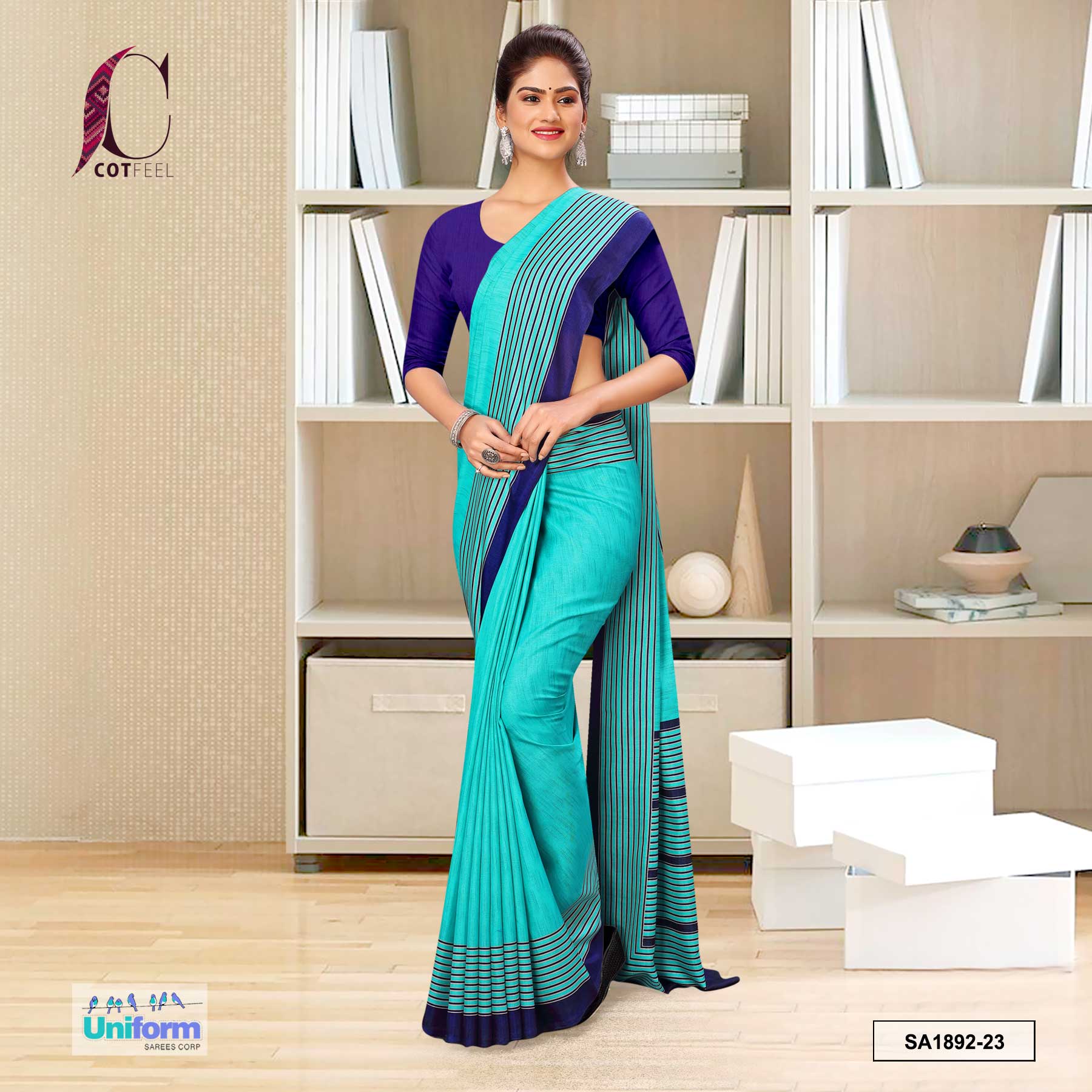 Turquoise and Navy Blue Women's Premium Manipuri Cotton Plain Border F Uniform Sarees Turquoise and Navy Blue Women's Premium Manipuri Cotton Plain Border F Uniform Sarees
