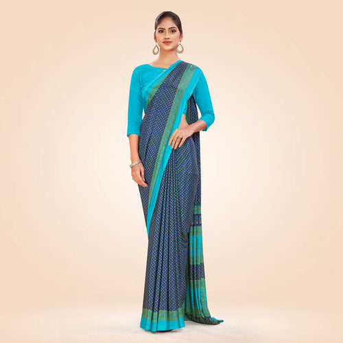 Navy Blue and Turquoise Women's Premium Italian Silk Small Butty Resort Uniform Saree