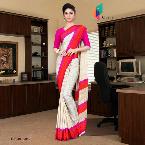 Off White And Pink Italian Crepe Silk Worker Uniform Saree