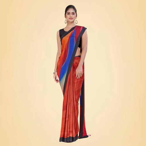Light Yellow and Tomato Red Women's Premium Italian Silk Digital Print Uniform Sarees for Industrial Workers With Blouse Piece