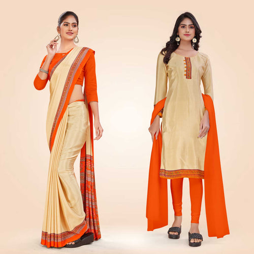 Beige and Orange Women's Premium Italian Silk Discipline Day Jewellery Showroom Uniform Saree Salwar Combo