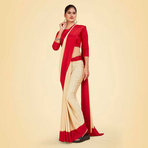 Beige and Maroon Women's Premium Silk Chiffon Plain Gaala Border Factory Uniform Sarees With Blouse Piece