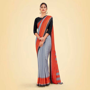 Grey and Black Women's Premium Manipuri Cotton Plain Gaala Border College Uniform Saree