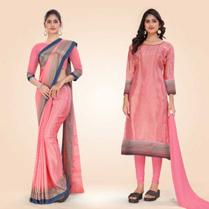 Pink and Navy Blue Women's Premium Silk Chiffon Small Butty Nurse Uniform Saree Salwar Combo