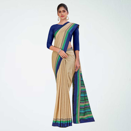 Beige and Bottle Green Women's Premium Manipuri Cotton Plain Gaala Border Front Office Uniform Saree