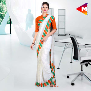 White with Tricolor Border Women's Premium Georgette Independence Day Special Uniform Saree With Blouse Piece