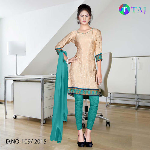 Beige and Green Women's Premium Jacquard Crepe Taj Hotel Uniform Salwar Kameez Unstitched Dress Materials Set