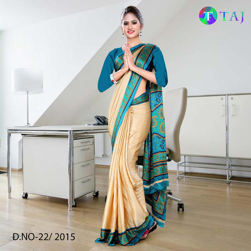 Beige and Green Women's Premium Jacquard Crepe Hotel Taj Uniform Sarees With Blouse Piece