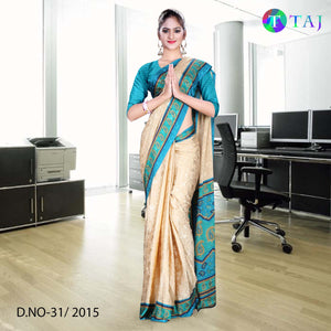 Beige and Green Women's Premium Italian Jacquard Silk Hotel Taj Uniform Sarees With Blouse Piece