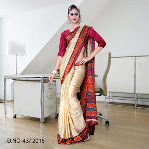 Beige and Maroon Women's Premium Jacquard Crepe Taj Hotel Uniform Sarees With Blouse Piece