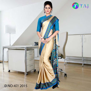 Beige and Peacock Blue Women's Premium Jacquard Crepe Gala Boder School Uniform Saree With Blouse Piece