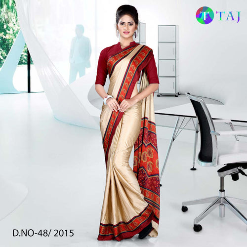Beige and Maroon Women's Premium Jacquard Crepe Taj Hotel Uniform Sarees With Blouse Piece
