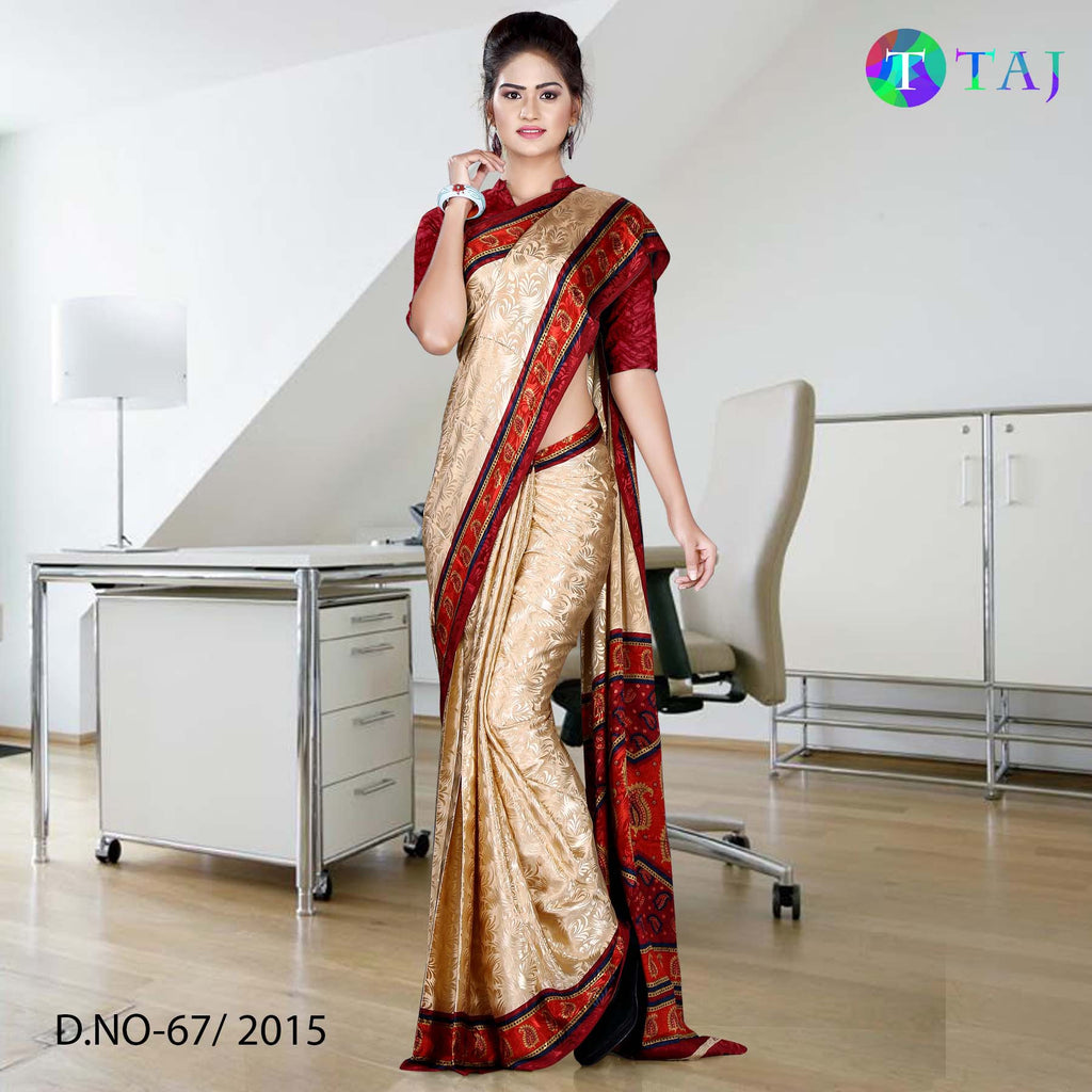Beige and Maroon Women's Premium Jacquard Crepe Hotel Taj Uniform Sare ...