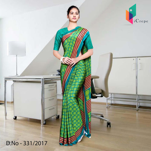 Green And Red Italian Crepe Uniform Saree