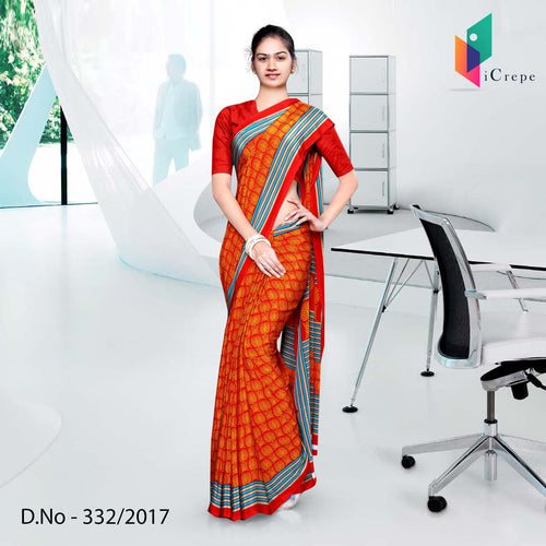 Orange And Blue Italian Crepe Uniform Saree