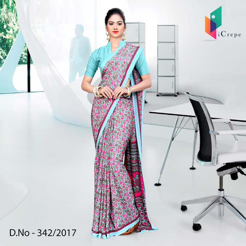 Pink And Sky Blue Italian Crepe Uniform Saree