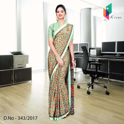 Orange And Green Italian Crepe Uniform Saree