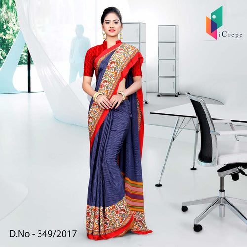Blue And Red Italian Crepe Uniform Saree