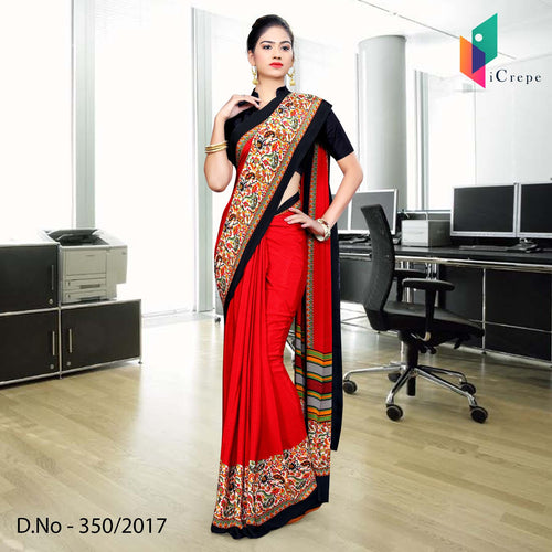 Red With Black Border Italian Crepe Uniform Saree