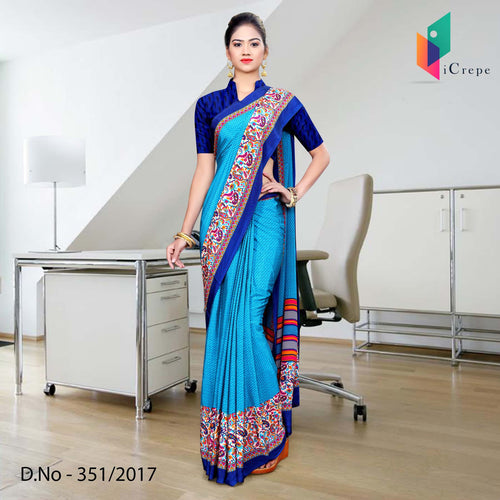 Blue With Dark Blue Border Italian Crepe Uniform Saree