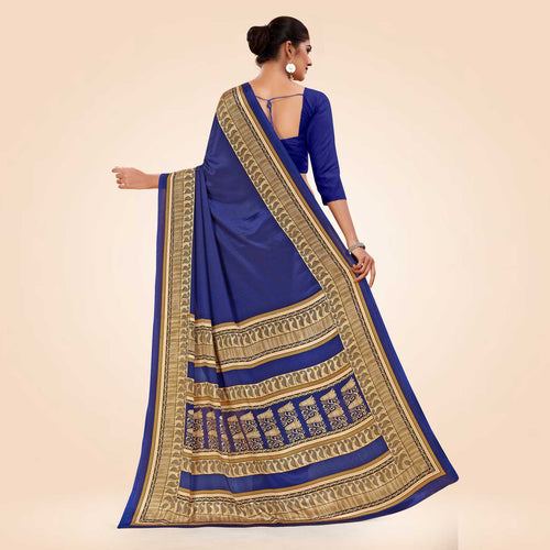 Navy Blue and Beige Women's Premium Italian Silk Plain Gaala Border Students Uniform Saree