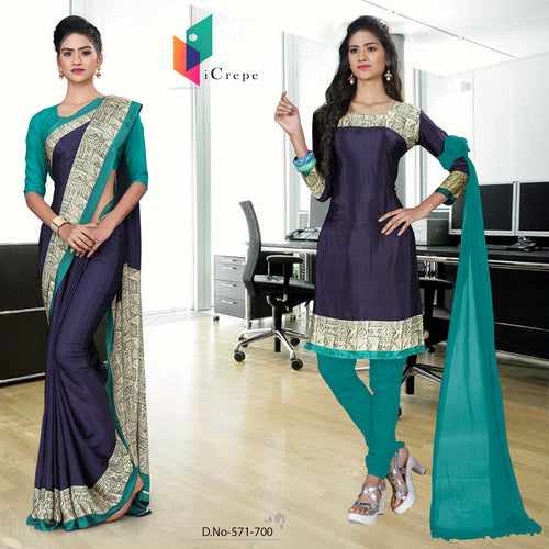 Navy Blue and Turquoise Women's Premium Italian Silk Plain Gala Border Uniform Sarees Salwar Combo For Office Uniform