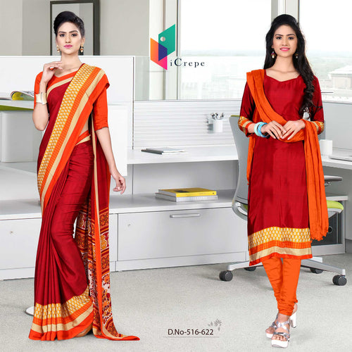 Maroon and Orange Women's Premium Italian Silk Eyecatchers Office Uniform Sarees Salwar Combo