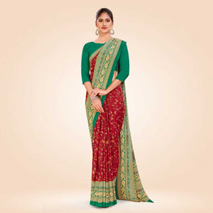 Maroon and Bottle Green Women's Premium Italian Silk Floral Print School Teacher Uniform Saree