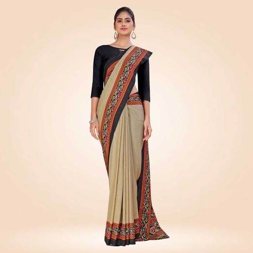 Beige and Navy Blue Women's Premium Manipuri Cotton Plain Gaala Border Showroom Uniform Saree