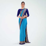 Turquoise and Botlle Green Women's Premium Italian Silk Plain Gaala Border School Teacher Uniform Saree